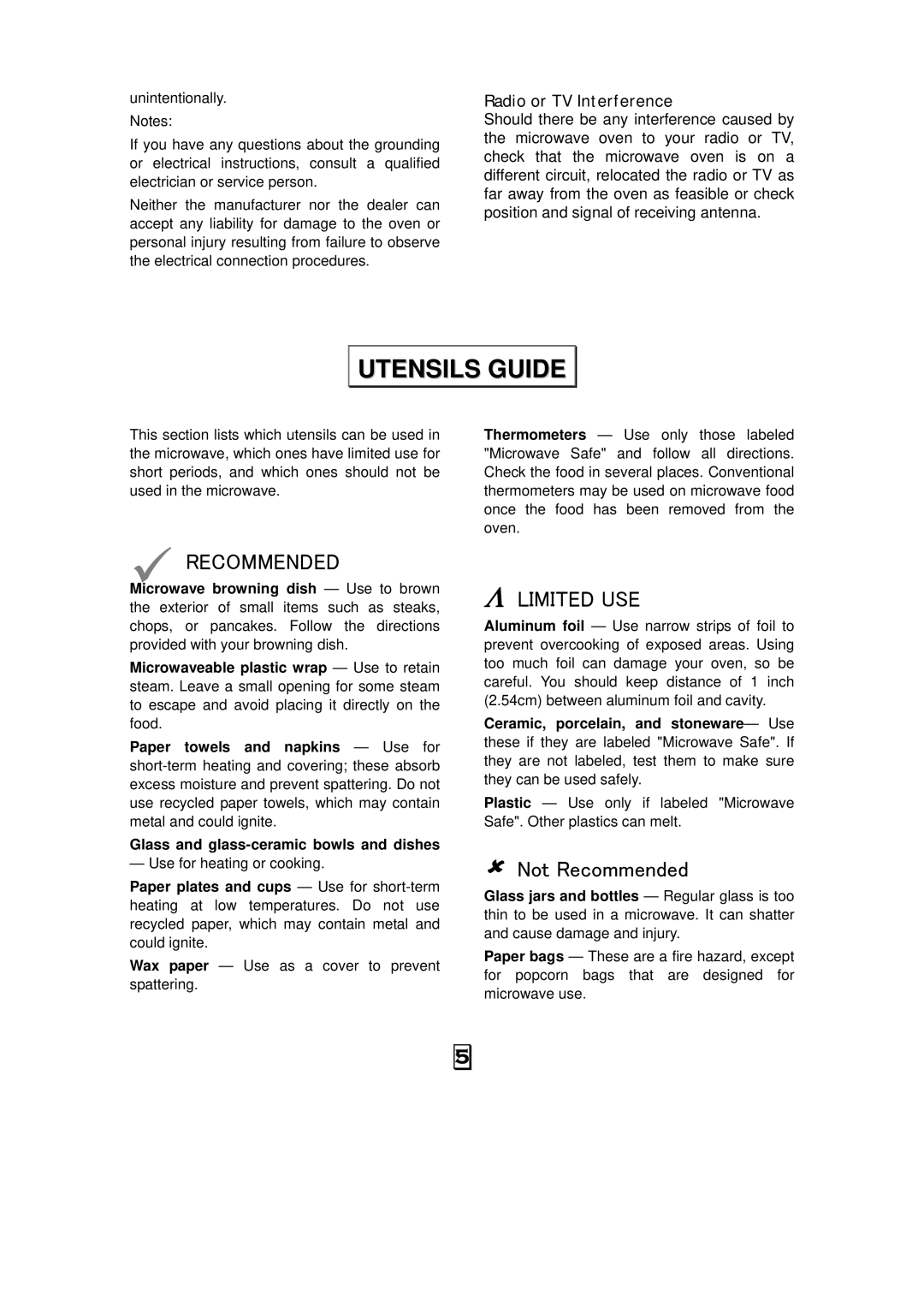 RCA RMW701 warranty Utensils Guide, Radio or TV Interference 