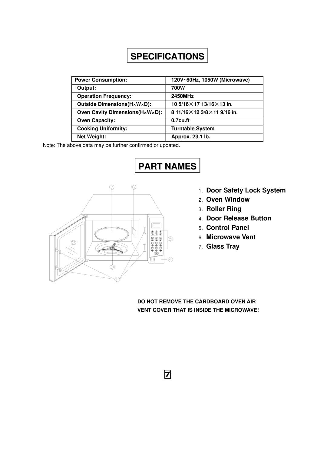 RCA RMW701 warranty Specifications, Part Names 