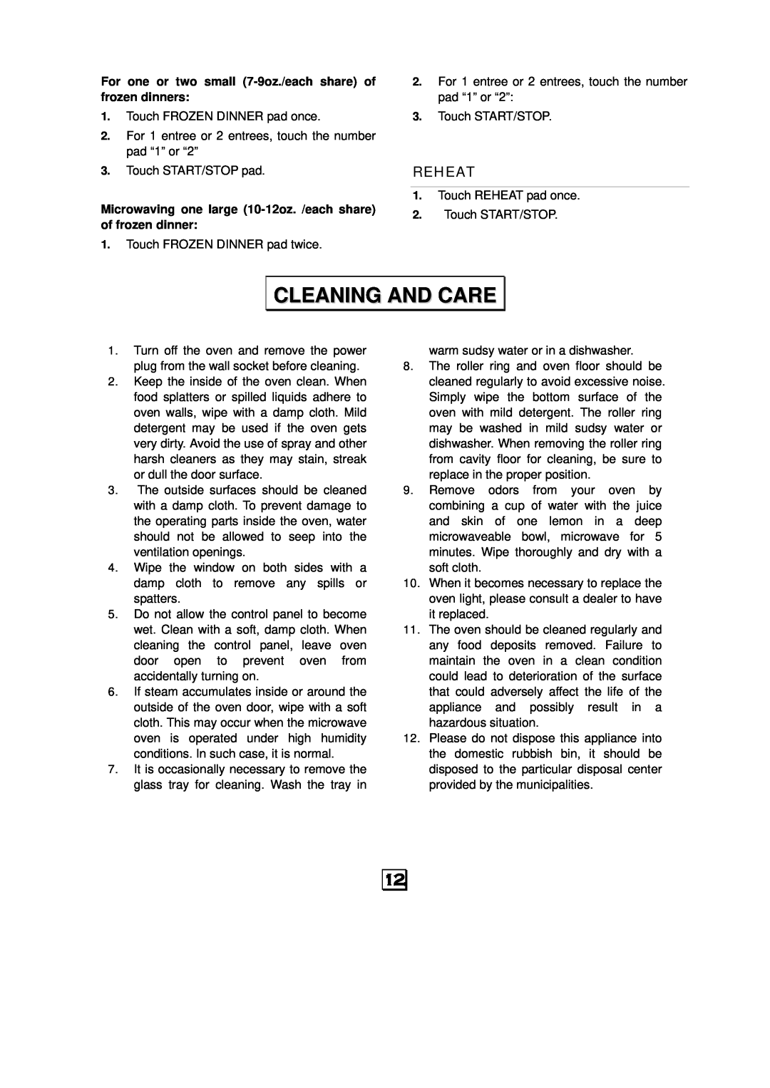 RCA RMW701 warranty Cleaning And Care, Reheat 