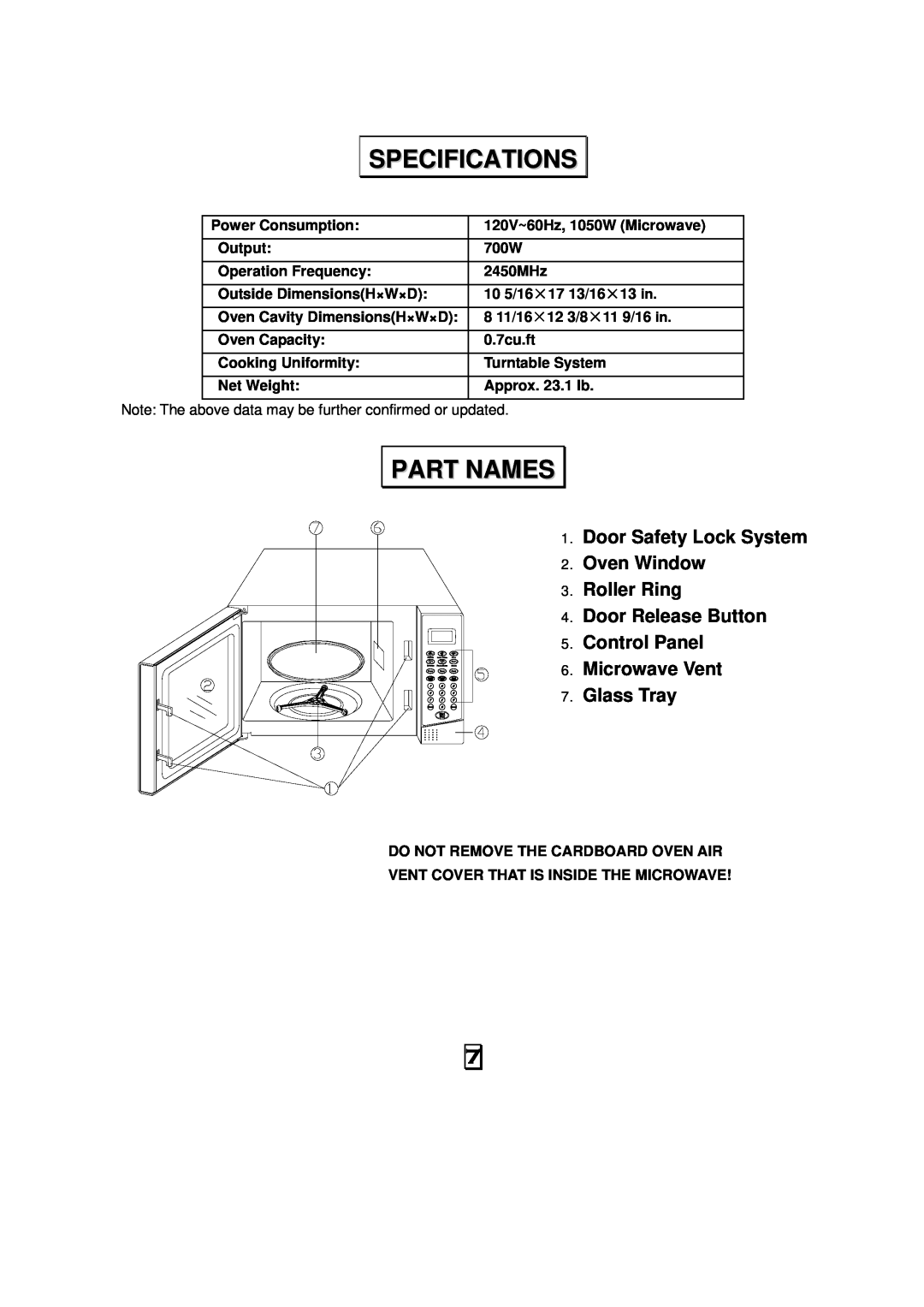 RCA RMW701 warranty Specifications, Part Names, Door Safety Lock System Oven Window Roller Ring Door Release Button 