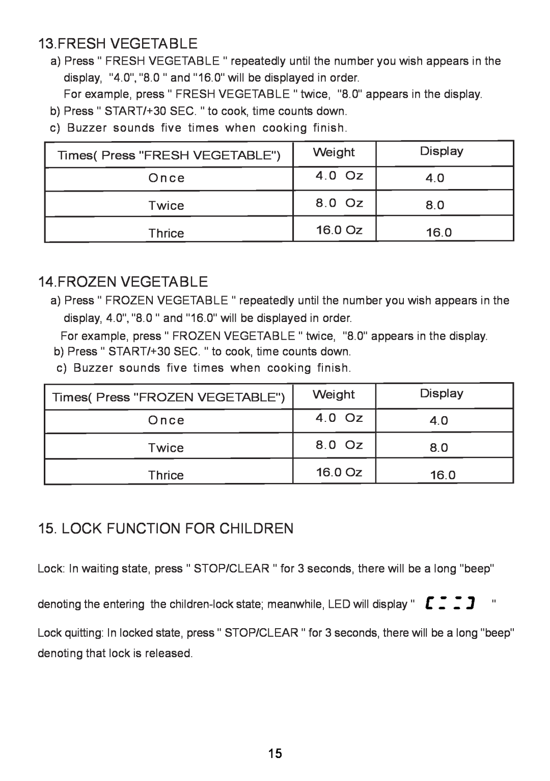 RCA RMW713-WHITE instruction manual Fresh Vegetable, Frozen Vegetable, Lock Function For Children 