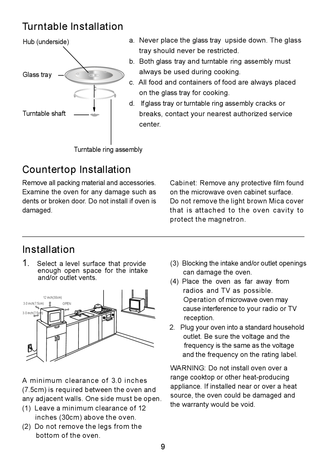 RCA RMW713-WHITE instruction manual Turntable Installation, Countertop Installation 