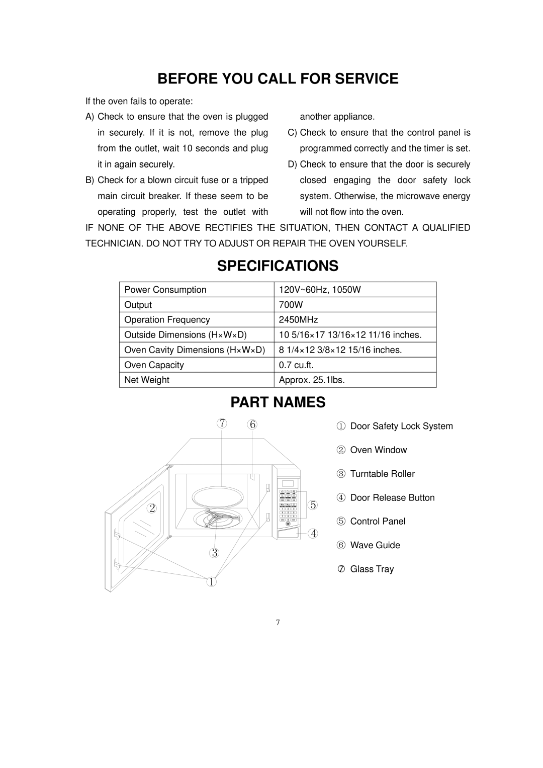 RCA RMW733BLACK owner manual Before YOU Call for Service, Specifications, Part Names 