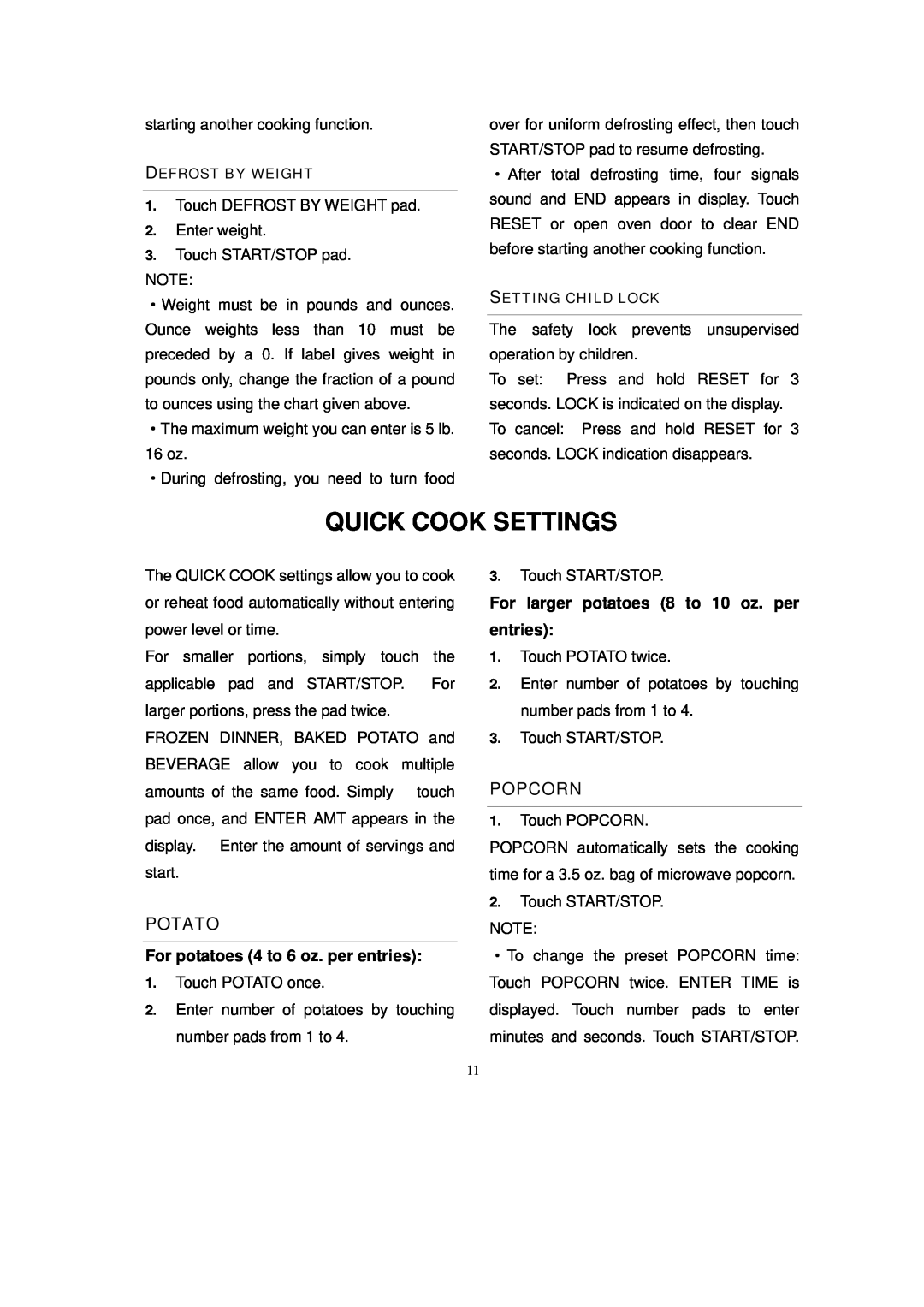 RCA RMW733BLACK owner manual Quick Cook Settings, Potato, Popcorn 