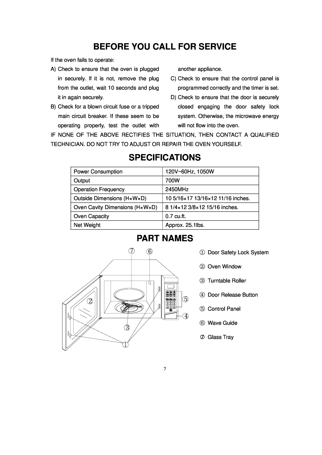 RCA RMW733BLACK owner manual Before You Call For Service, Specifications, Part Names 