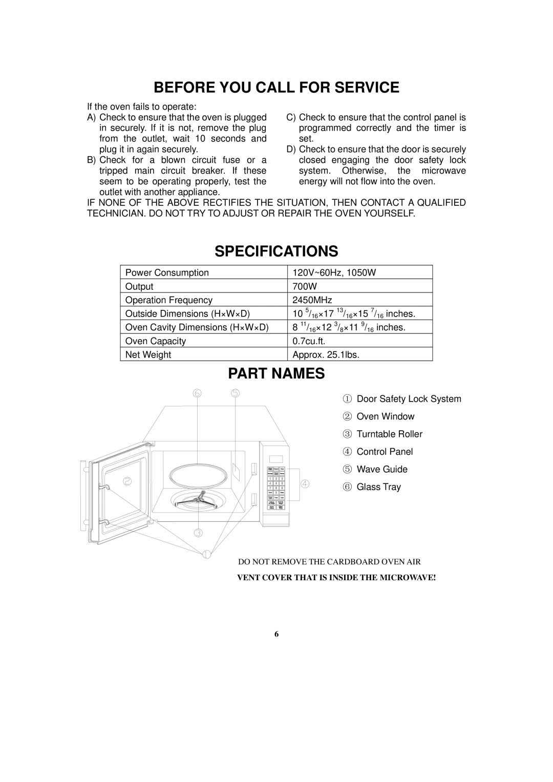 RCA RMW741 warranty Before YOU Call for Service, Specifications, Part Names 