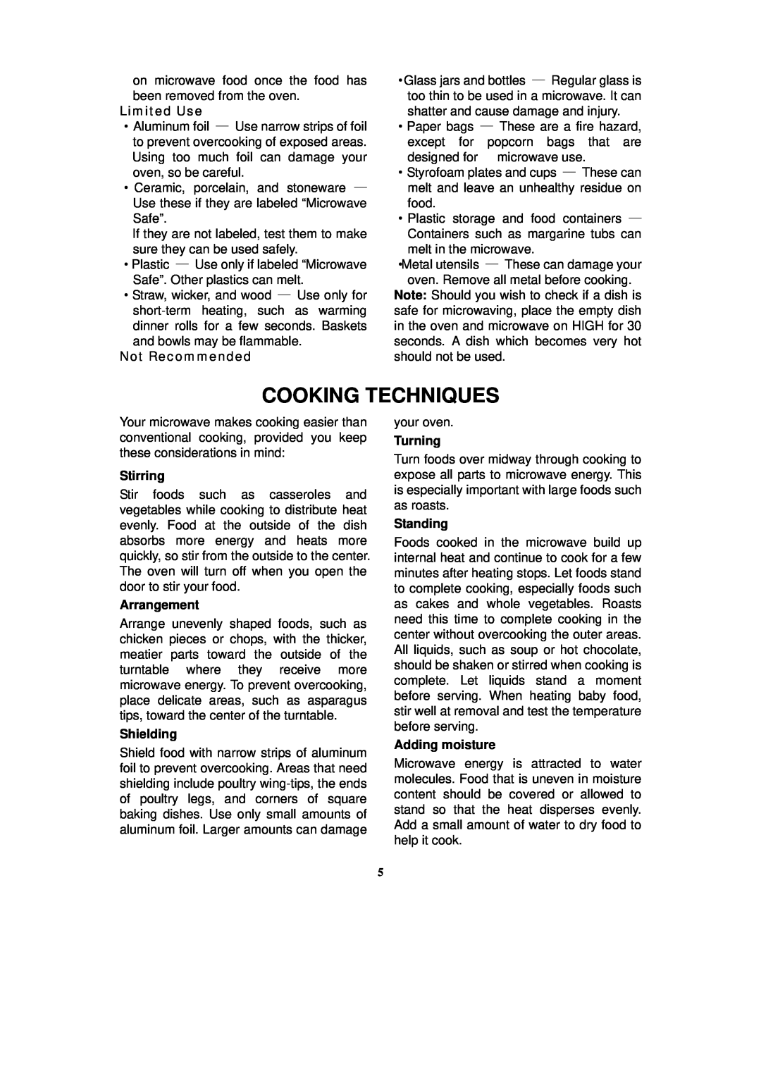 RCA RMW741 warranty Cooking Techniques, Limited Use, Not Recommended, Stirring, Arrangement, Shielding, Turning, Standing 