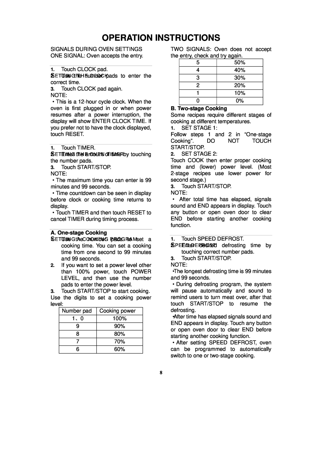 RCA RMW741 warranty Operation Instructions, A. One-stageCooking, B. Two-stageCooking 