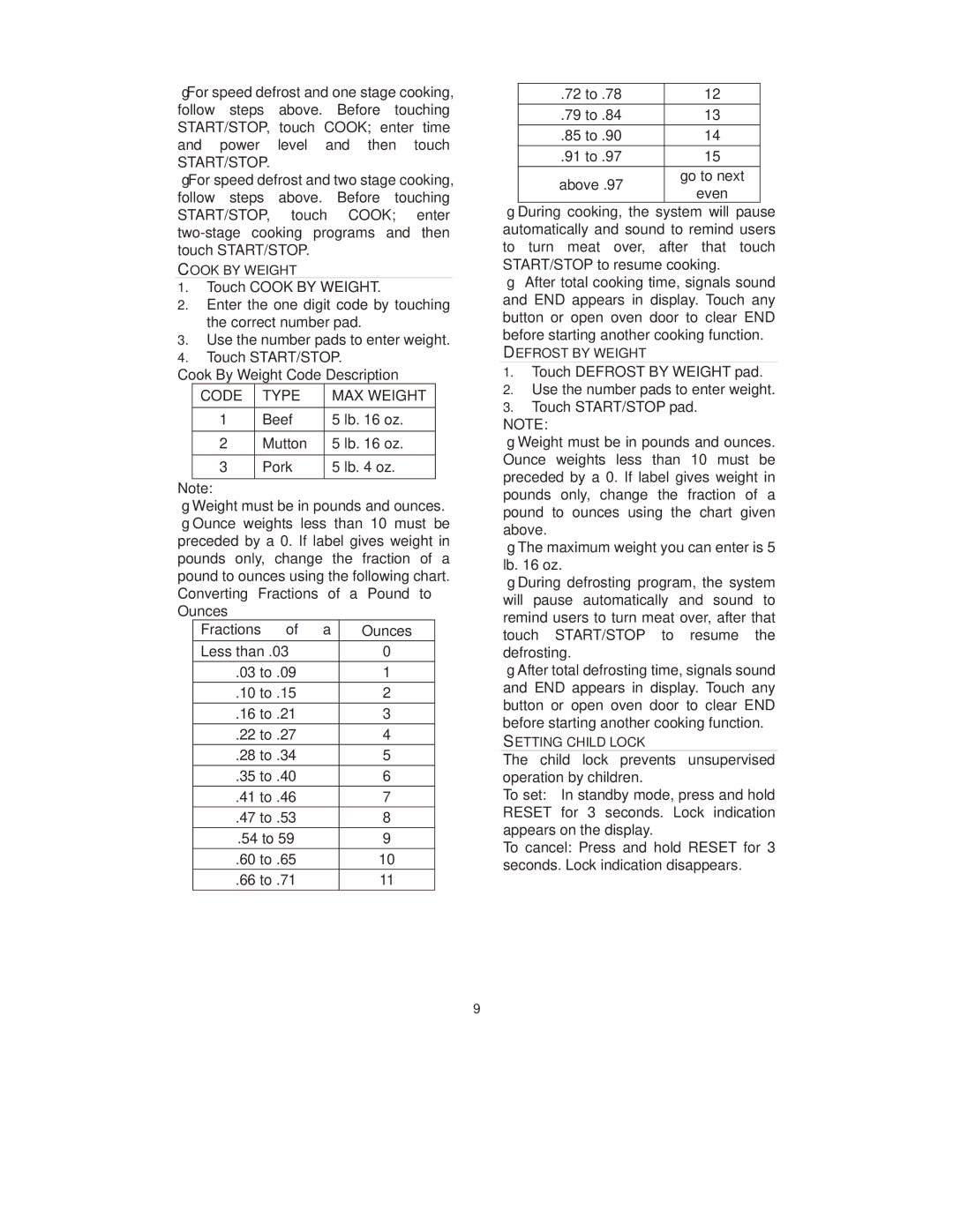 RCA RMW743 warranty Cook By Weight Code Description, Converting Fractions of a Pound to Ounces 