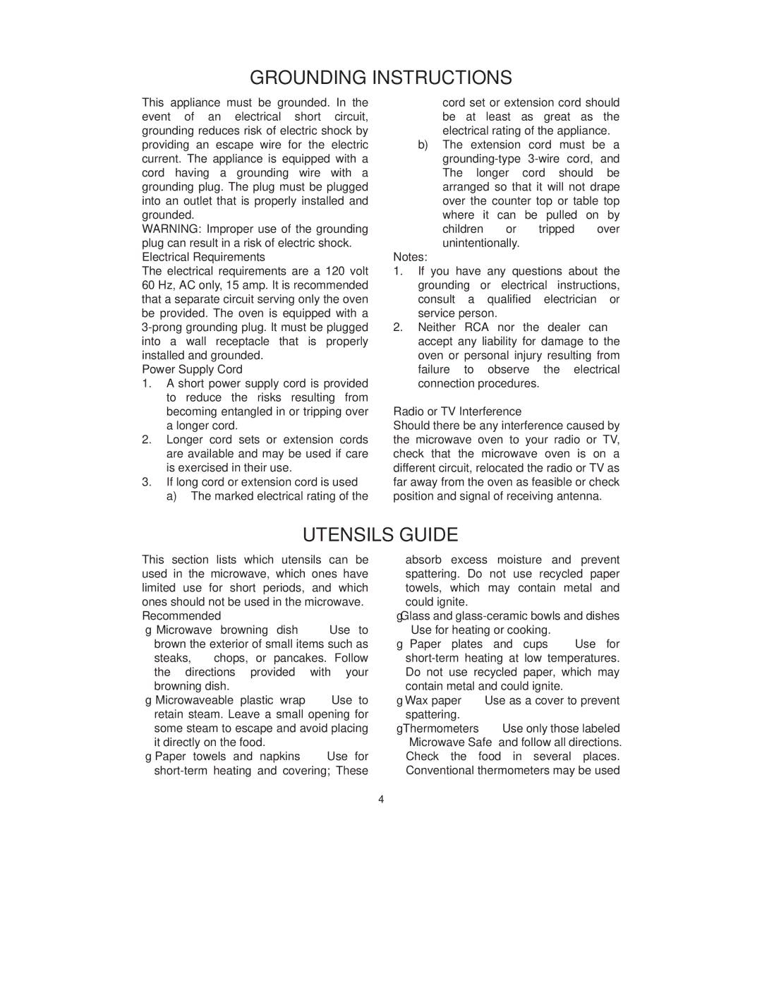 RCA RMW743 warranty Grounding Instructions, Utensils Guide 