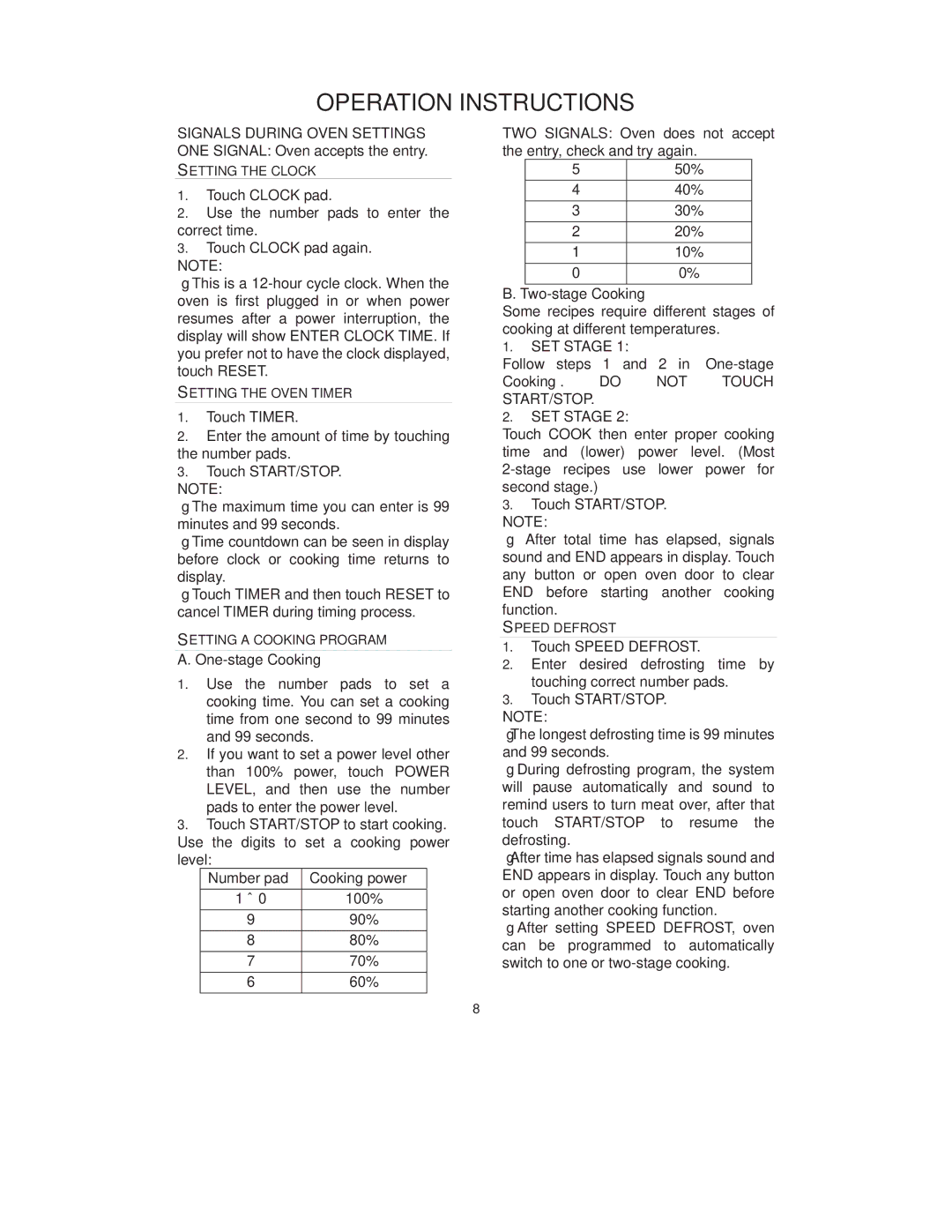 RCA RMW743 warranty Operation Instructions, One-stage Cooking, Two-stage Cooking 