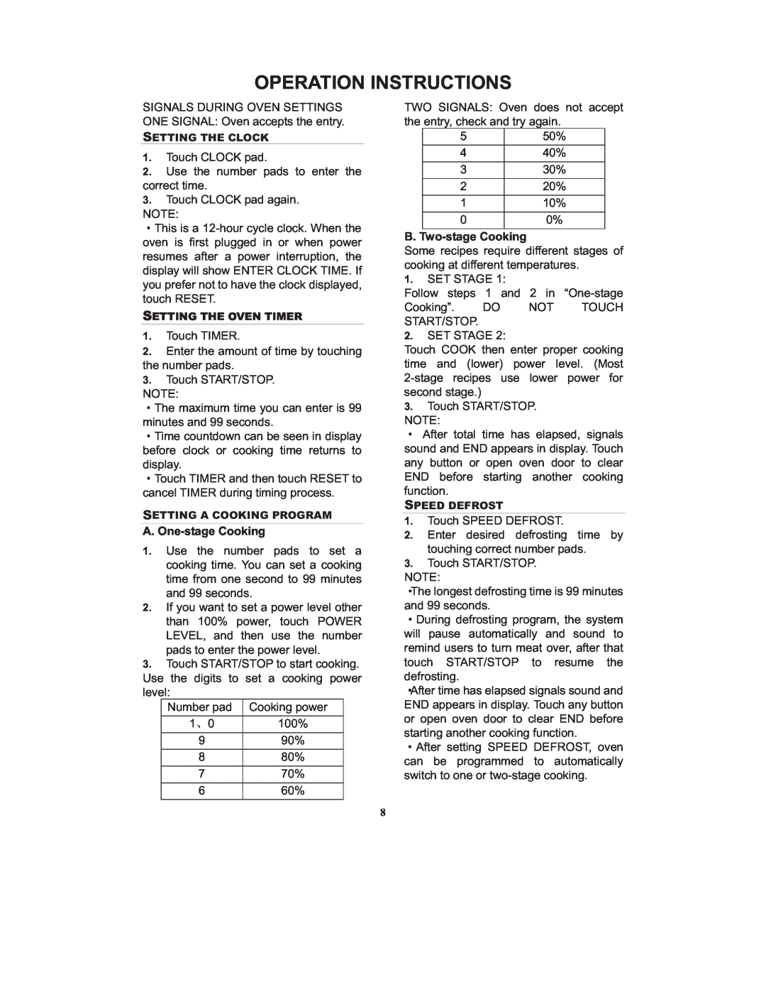 RCA RMW743 warranty Operation Instructions, A. One-stageCooking, B. Two-stageCooking 