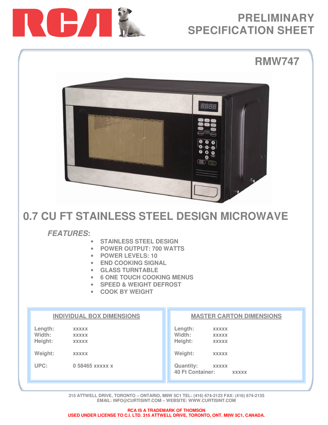 RCA dimensions PRELIMINARY SPECIFICATION SHEET RMW747, Cu Ft Stainless Steel Design Microwave, Features 
