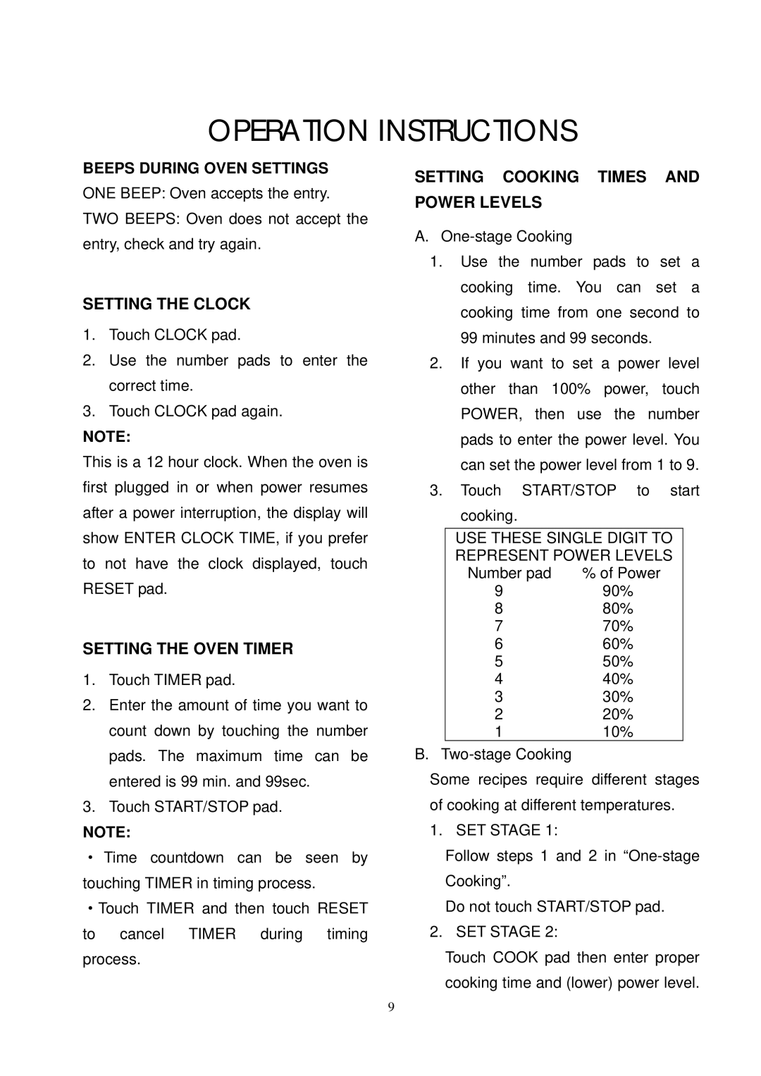 RCA RMW768 Operation Instructions, Setting the Clock, Setting the Oven Timer, Setting Cooking Times and Power Levels 