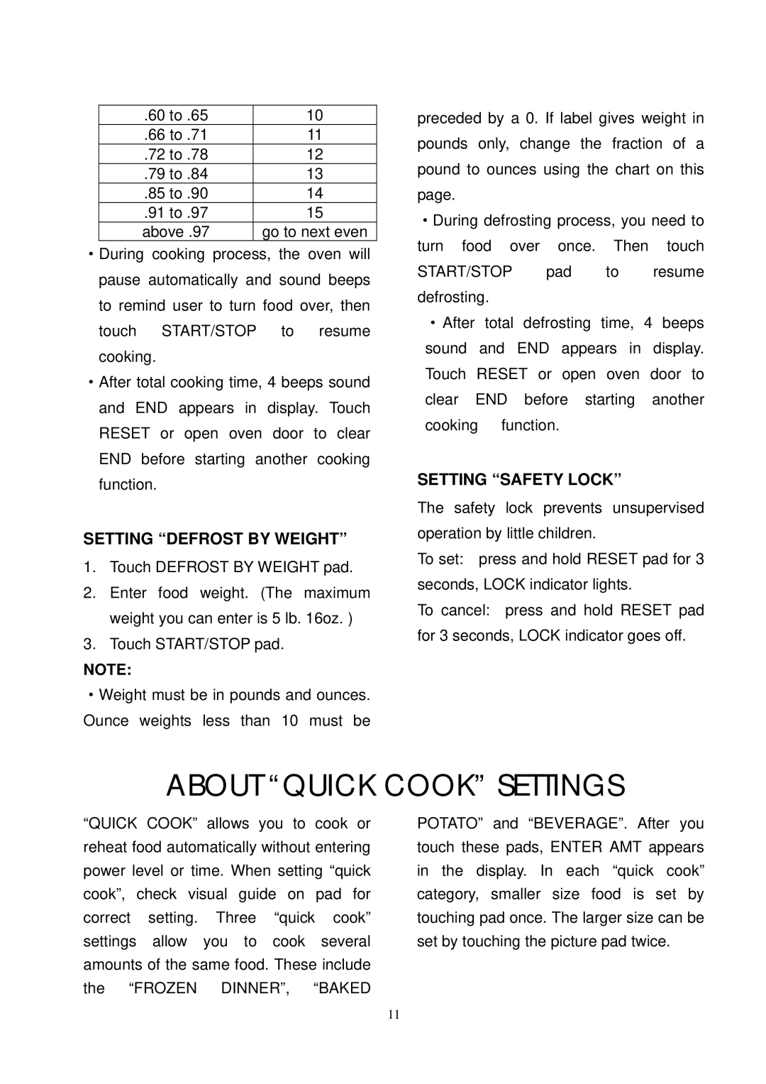 RCA RMW768 owner manual About Quick Cook Settings, Setting Defrost by Weight, Setting Safety Lock 