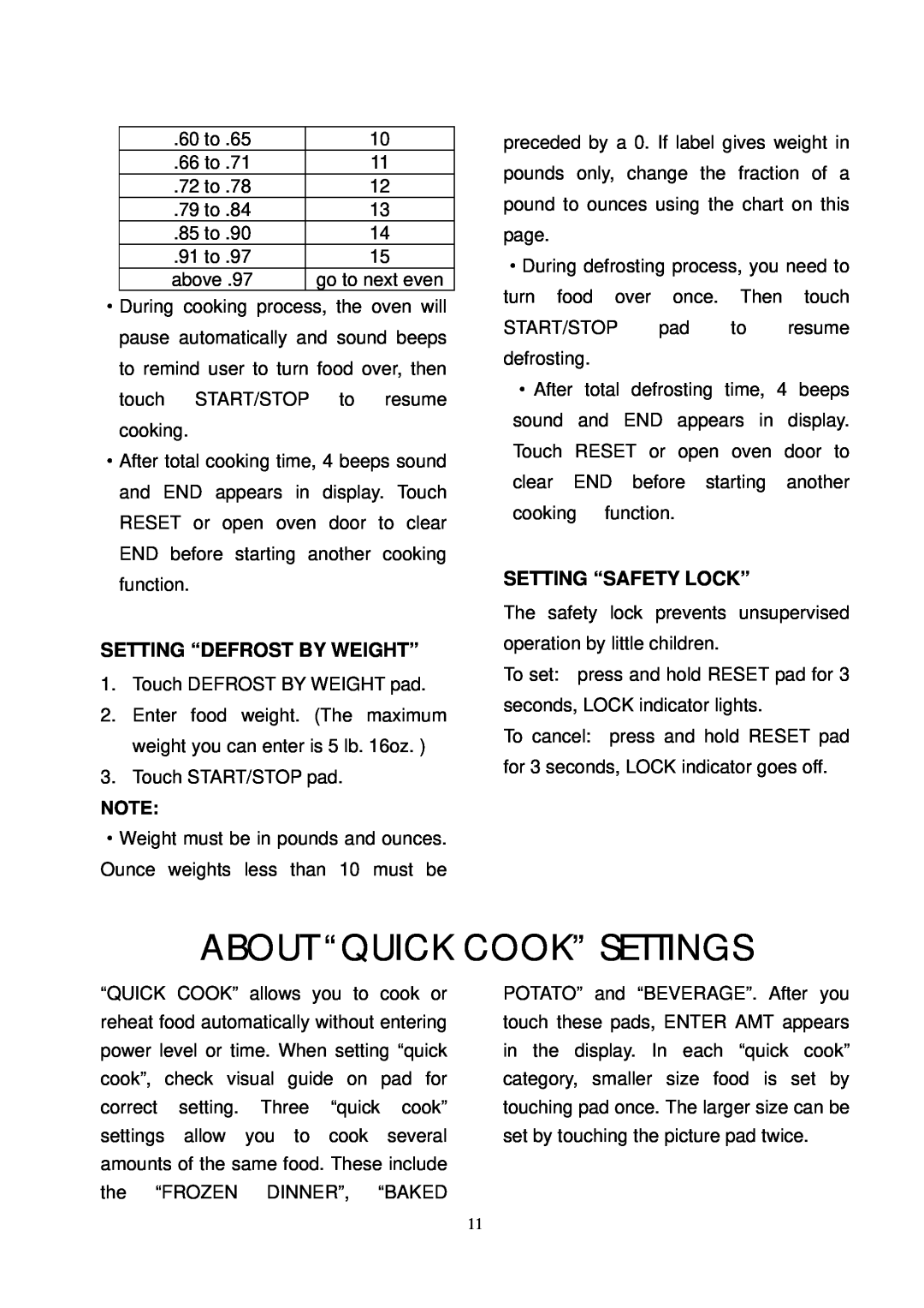 RCA RMW768 owner manual About “Quick Cook” Settings, Setting “Defrost By Weight”, Setting “Safety Lock” 