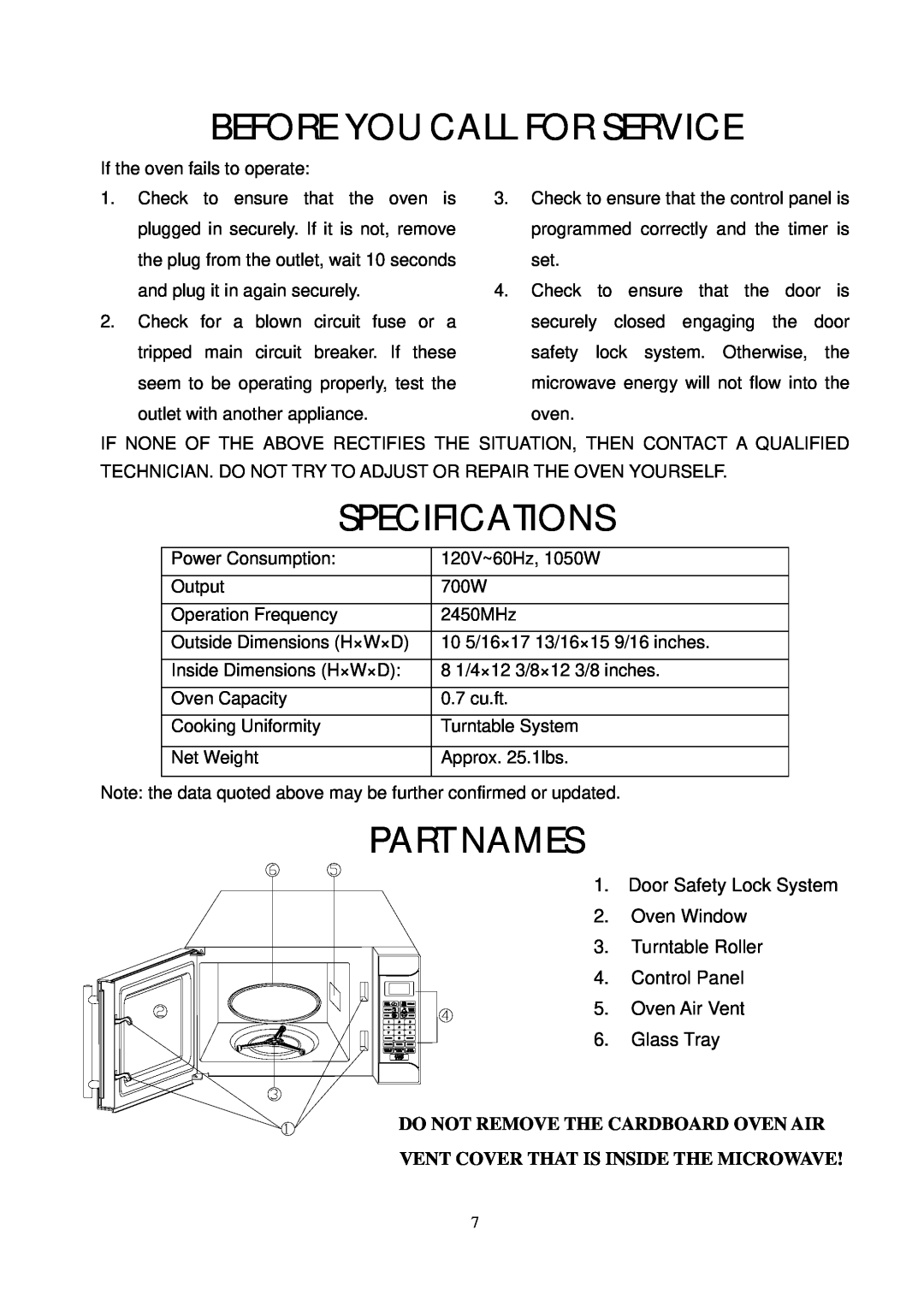 RCA RMW768 owner manual Before You Call For Service, Specifications, Part Names, Do Not Remove The Cardboard Oven Air 
