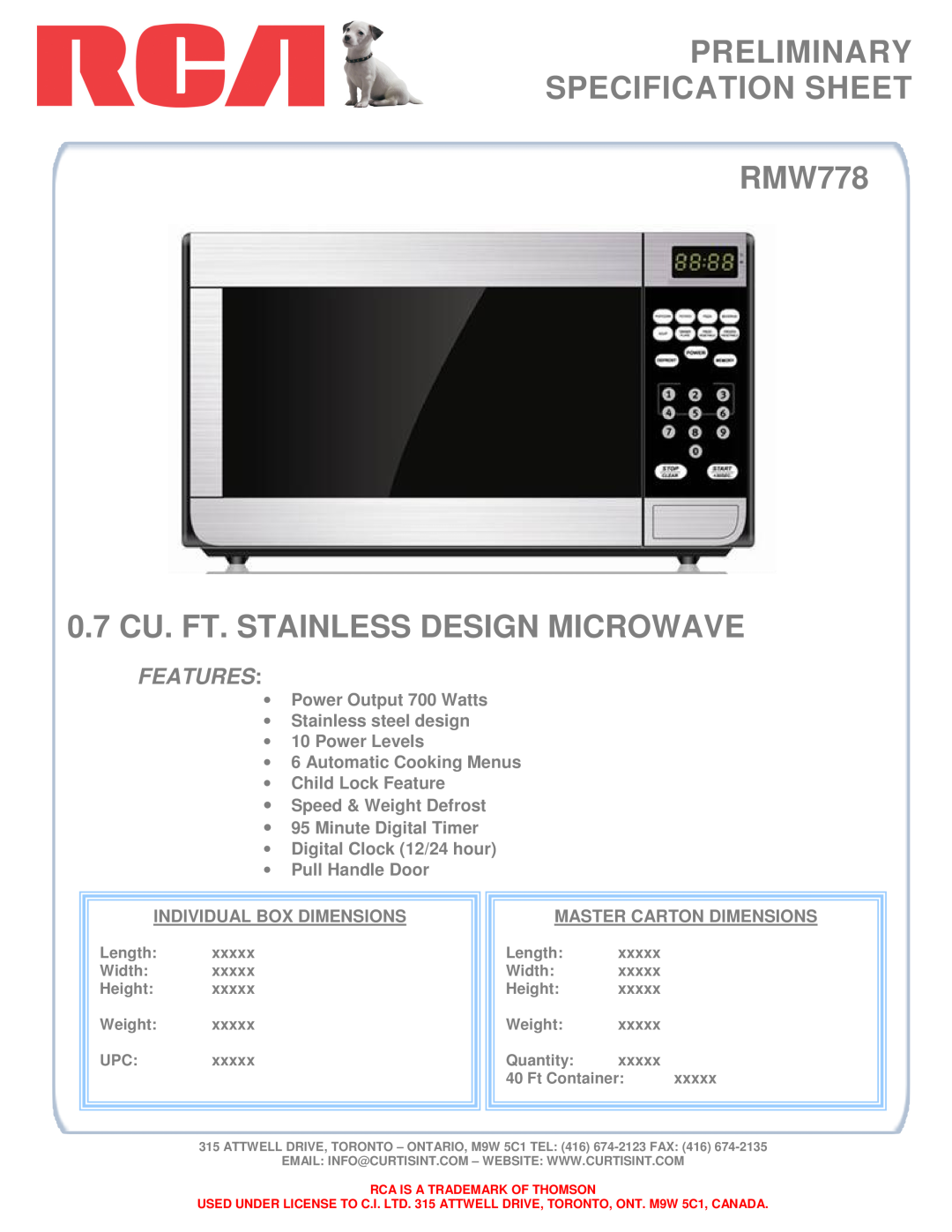 RCA specifications PRELIMINARY SPECIFICATION SHEET RMW778, 0.7 CU. FT. STAINLESS DESIGN MICROWAVE, Features 