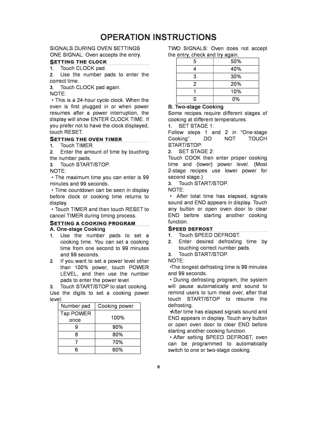 RCA RMW788 warranty Operation Instructions, A. One-stageCooking, B. Two-stageCooking 