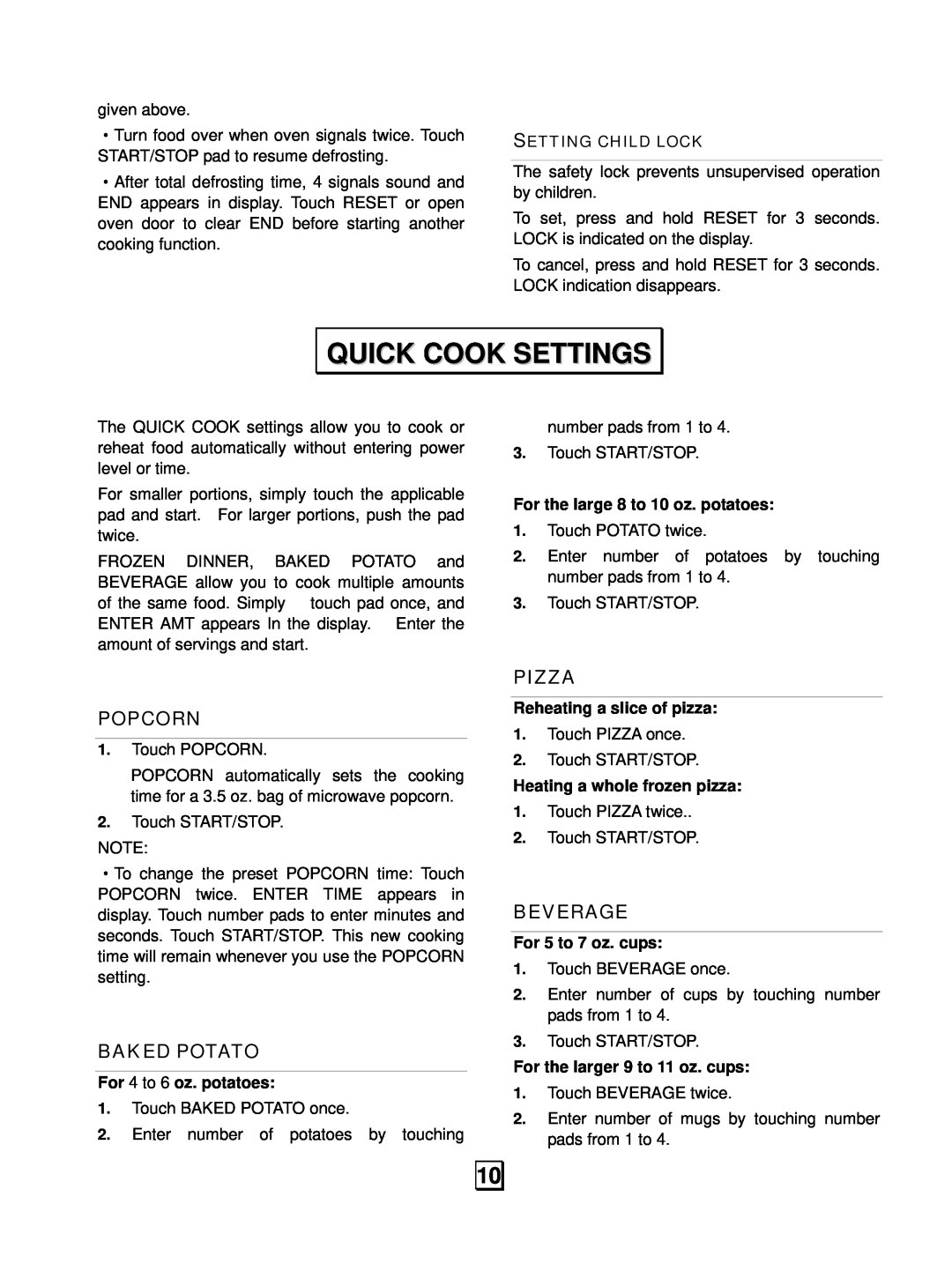 RCA RMW948 owner manual Quick Cook Settings, Popcorn, Baked Potato, Pizza, Beverage 