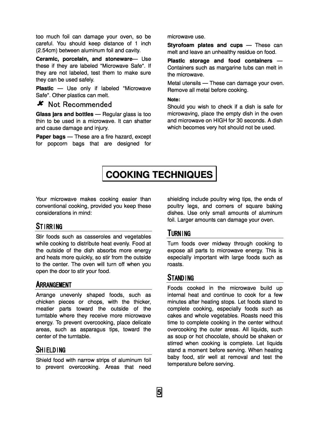 RCA RMW948 owner manual Cooking Techniques, 8Not Recommended, Stirring, Arrangement, Shielding, Turning, Standing 