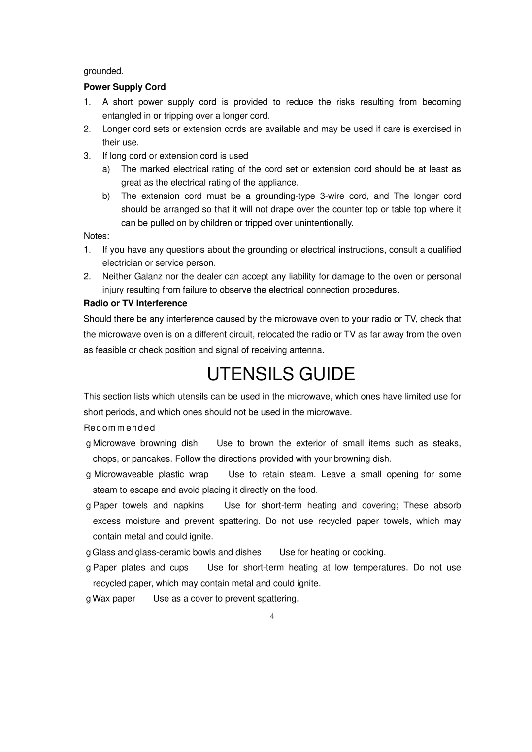 RCA RMW953 warranty Utensils Guide, Power Supply Cord, Radio or TV Interference, Recommended 