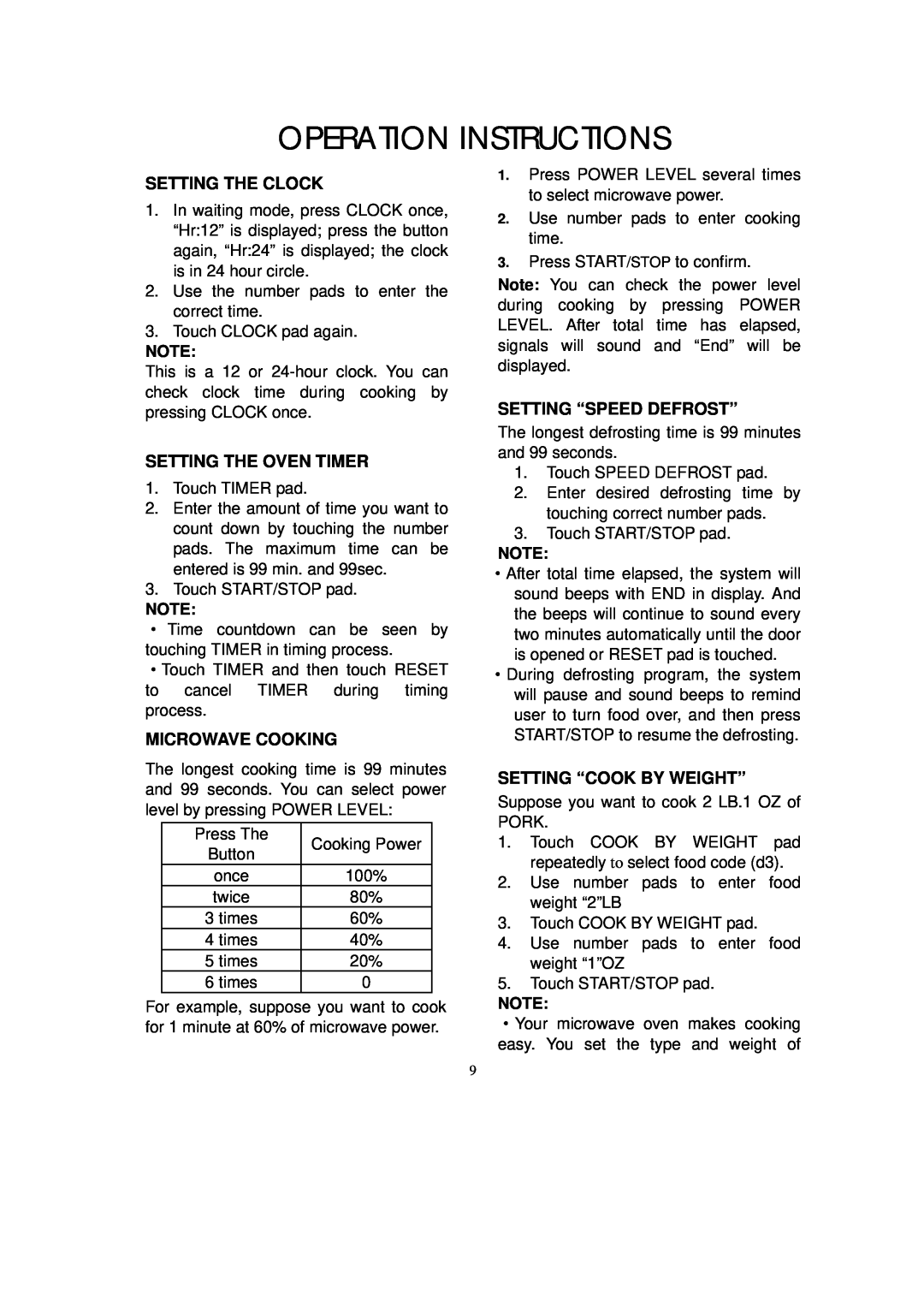 RCA RMW953 Operation Instructions, Setting The Clock, Setting The Oven Timer, Microwave Cooking, Setting “Speed Defrost” 