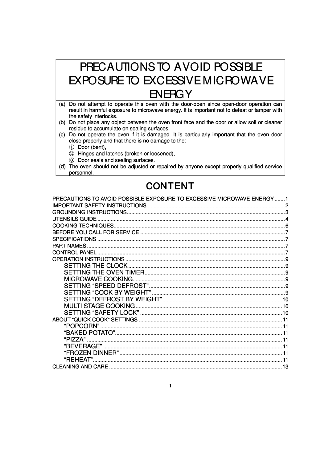 RCA RMW953 warranty Precautions To Avoid Possible, Exposure To Excessive Microwave Energy, Content 
