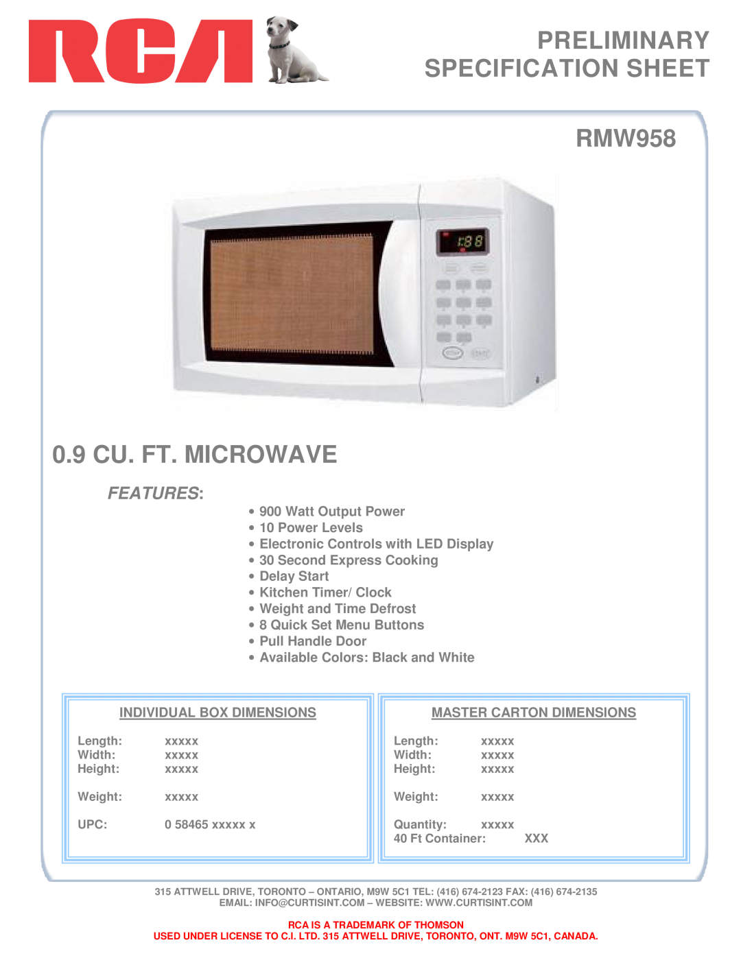 RCA specifications PRELIMINARY SPECIFICATION SHEET RMW958, 0.9 CU. FT. MICROWAVE, Features 
