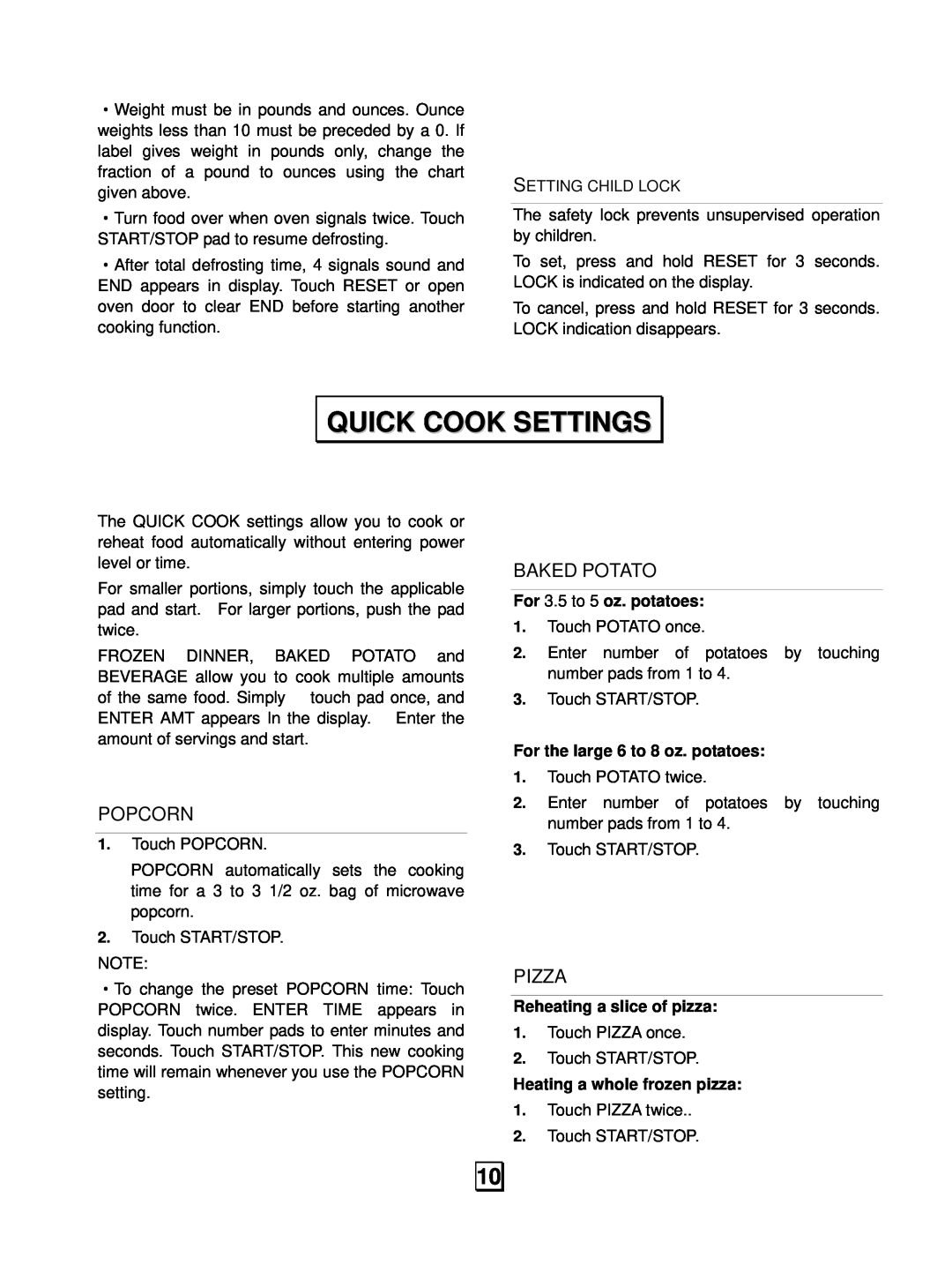RCA RMW966 manual Quick Cook Settings, Popcorn, Baked Potato, Pizza 