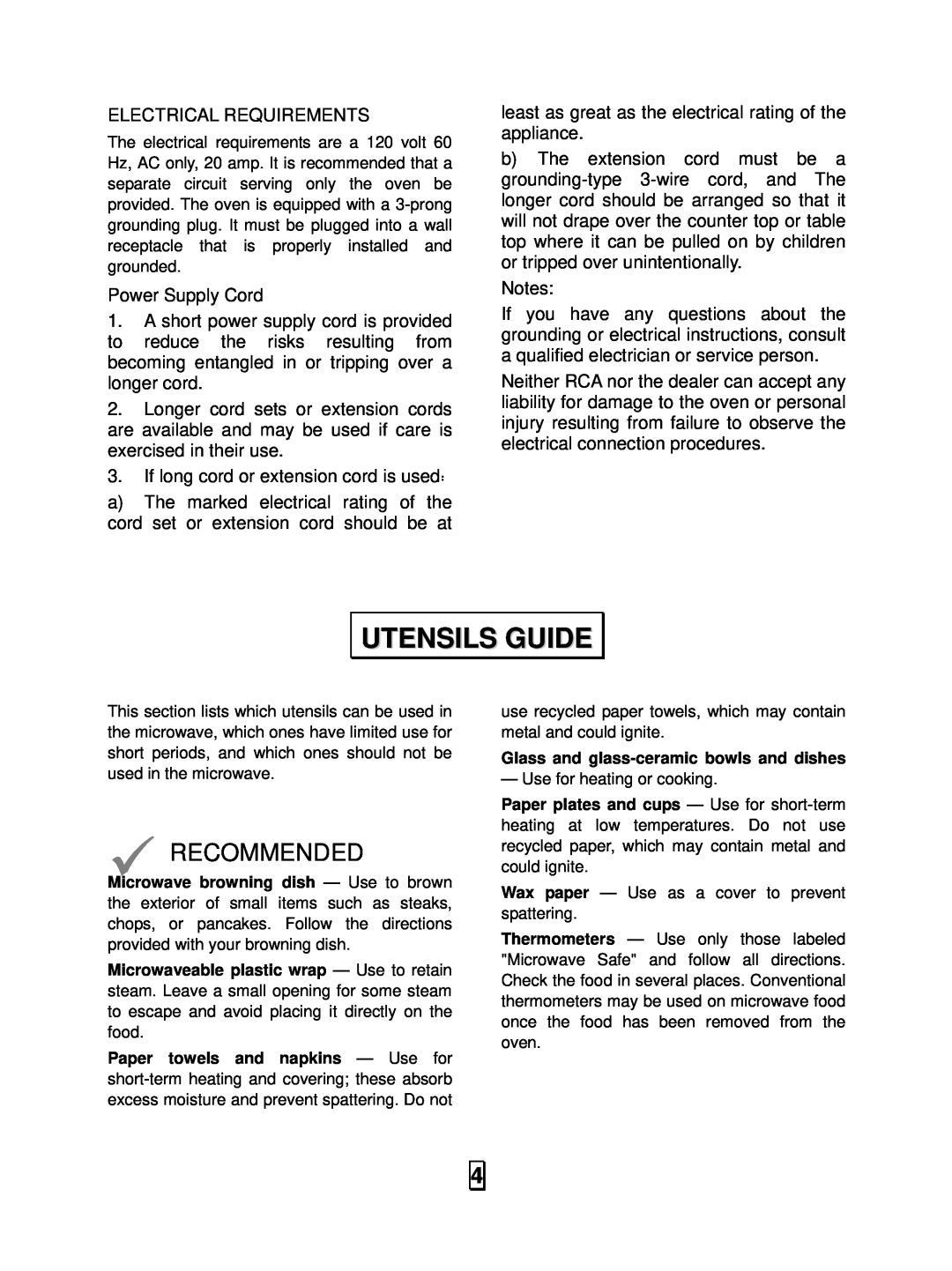 RCA RMW966 manual Utensils Guide, Recommended 