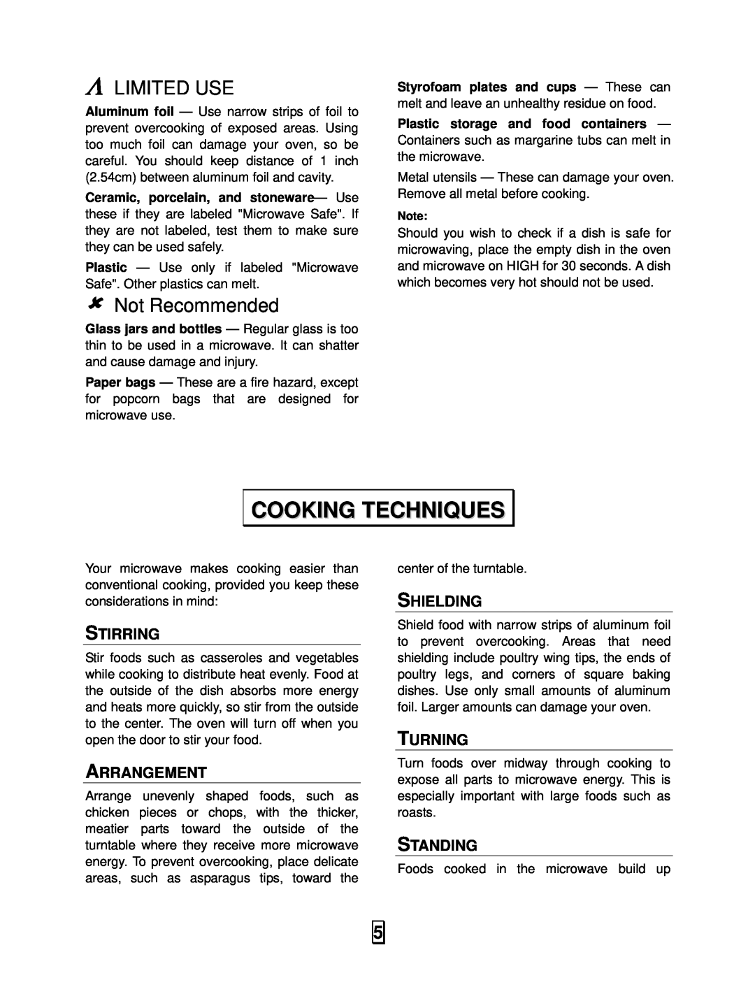 RCA RMW966 manual Cooking Techniques, Λ Limited Use, Not Recommended, Stirring, Arrangement, Shielding, Turning, Standing 