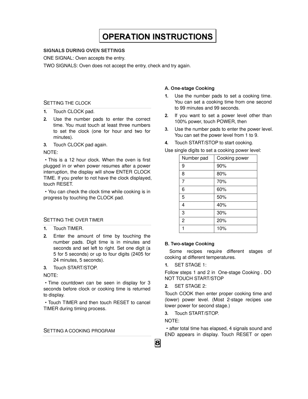 RCA RMW968 manual Operation Instructions, One-stage Cooking, Two-stage Cooking 