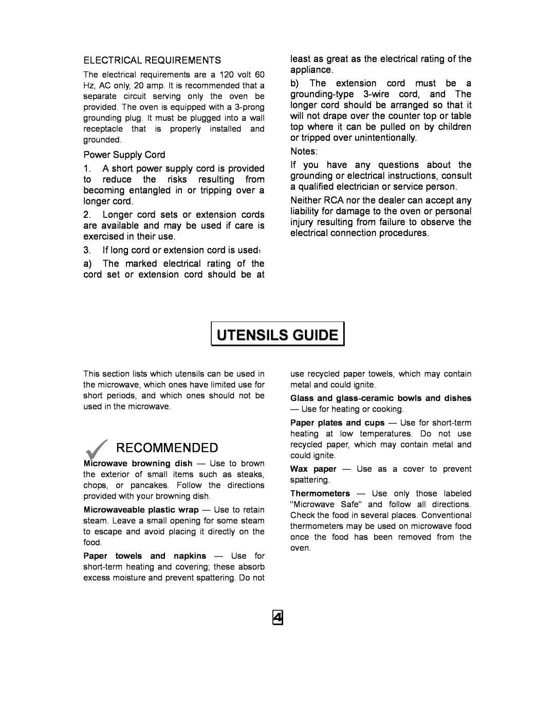 RCA RMW968 manual Utensils Guide, Recommended 