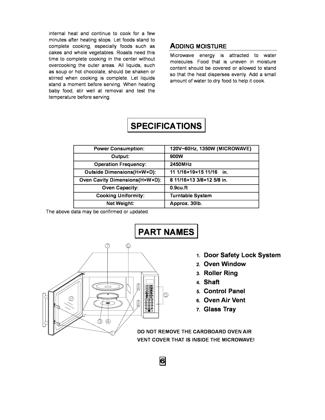 RCA RMW968 manual Specifications, Part Names, Adding Moisture, Oven Air Vent Glass Tray 