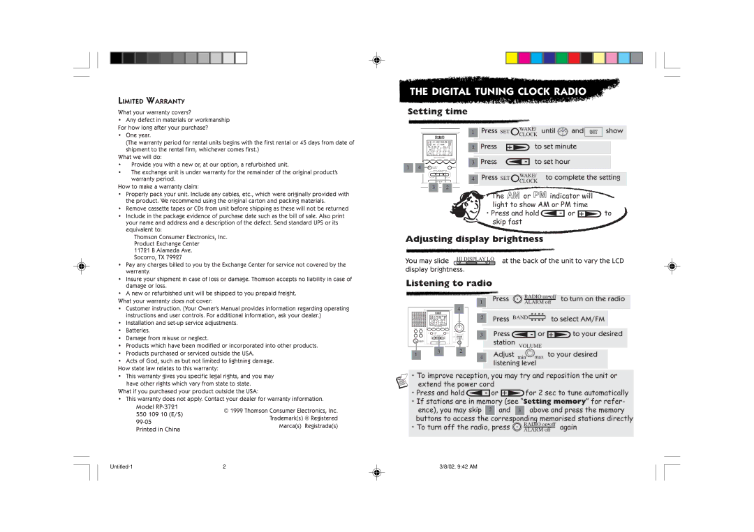 RCA RP-3721 user service Setting time, Adjusting display brightness, Listening to radio 