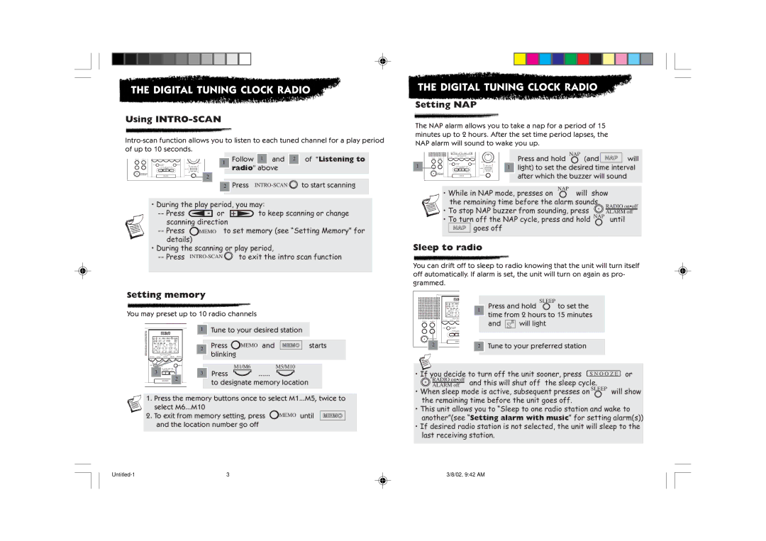 RCA RP-3721 user service Using INTRO-SCAN, Setting NAP, Sleep to radio, Setting memory, Listening to 