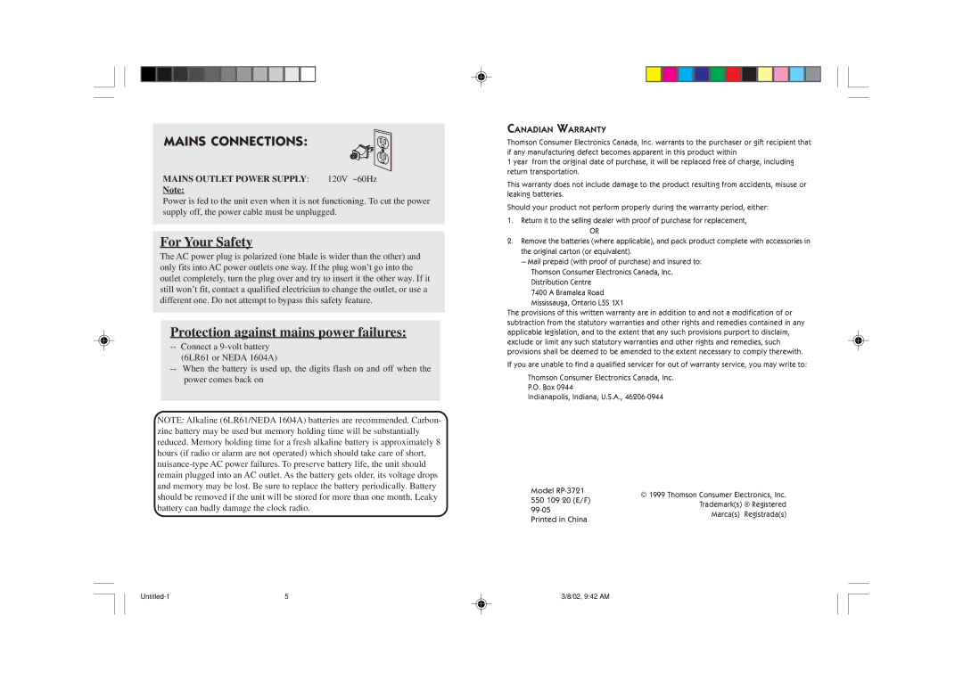 RCA RP-3721 user service Mains Connections, Canadian Warranty 