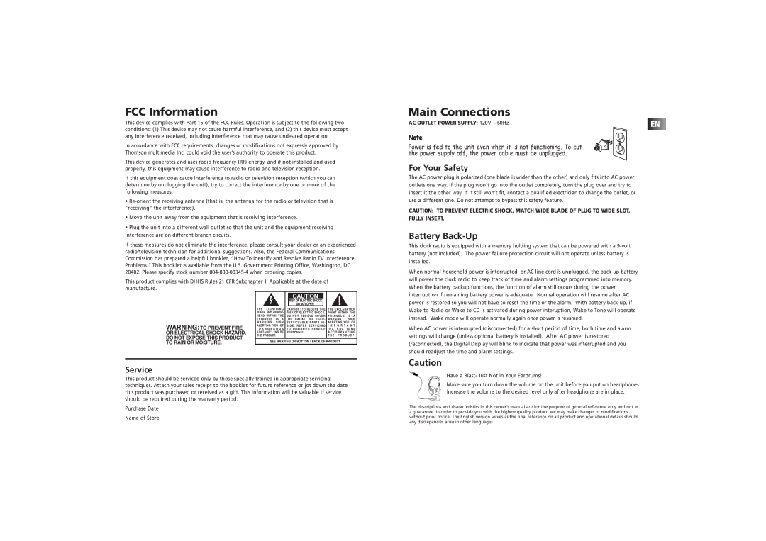 RCA RP 3757 user manual FCC Information, Battery Back-Up 