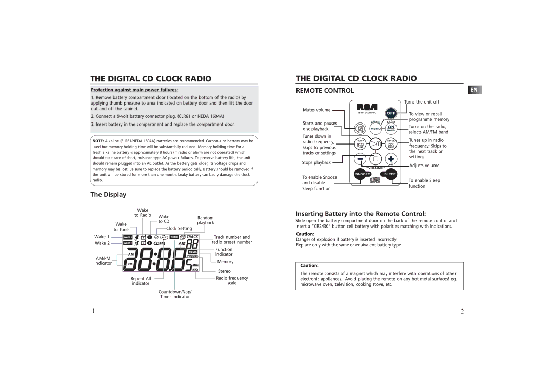 RCA RP 3757 user manual Display, Inserting Battery into the Remote Control, Protection against main power failures 