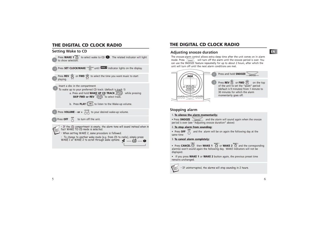 RCA RP 3757 user manual Setting Wake to CD, Adjusting snooze duration, Stopping alarm 