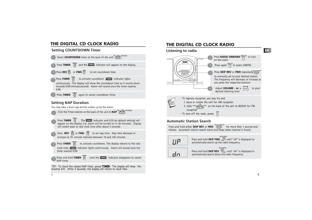 RCA RP 3757 user manual Setting Countdown Timer, Listening to radio, Setting NAP Duration, Automatic Station Search 