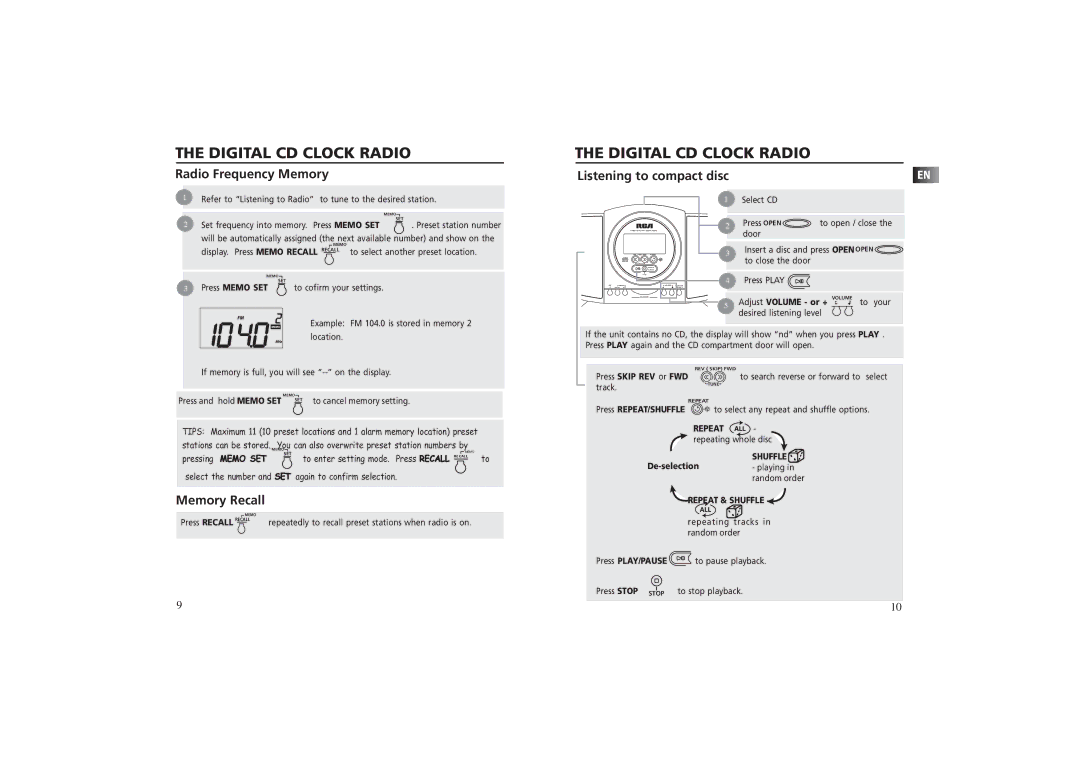 RCA RP 3757 user manual Radio Frequency Memory, Listening to compact disc, Memory Recall 