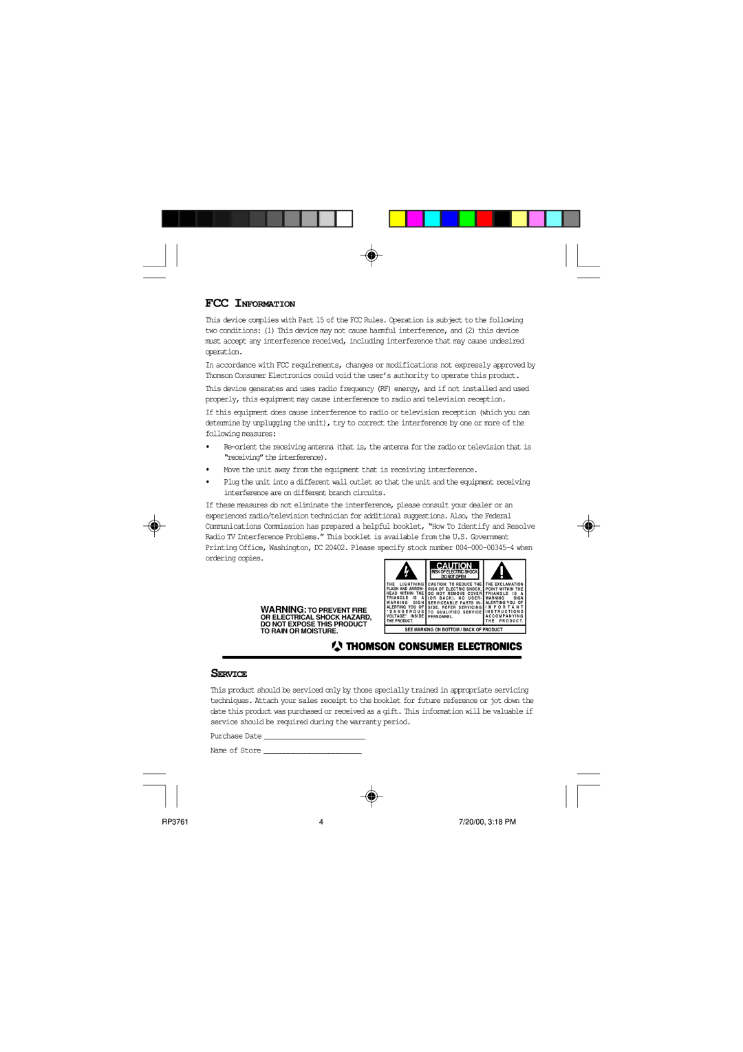 RCA RP-3761 manual FCC Information 