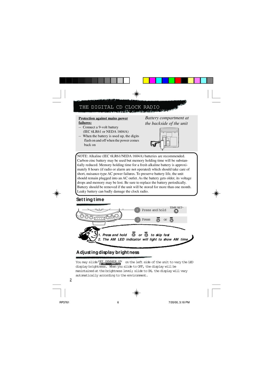 RCA RP-3761 manual Setting time, Adjusting display brightness, Press and hold 