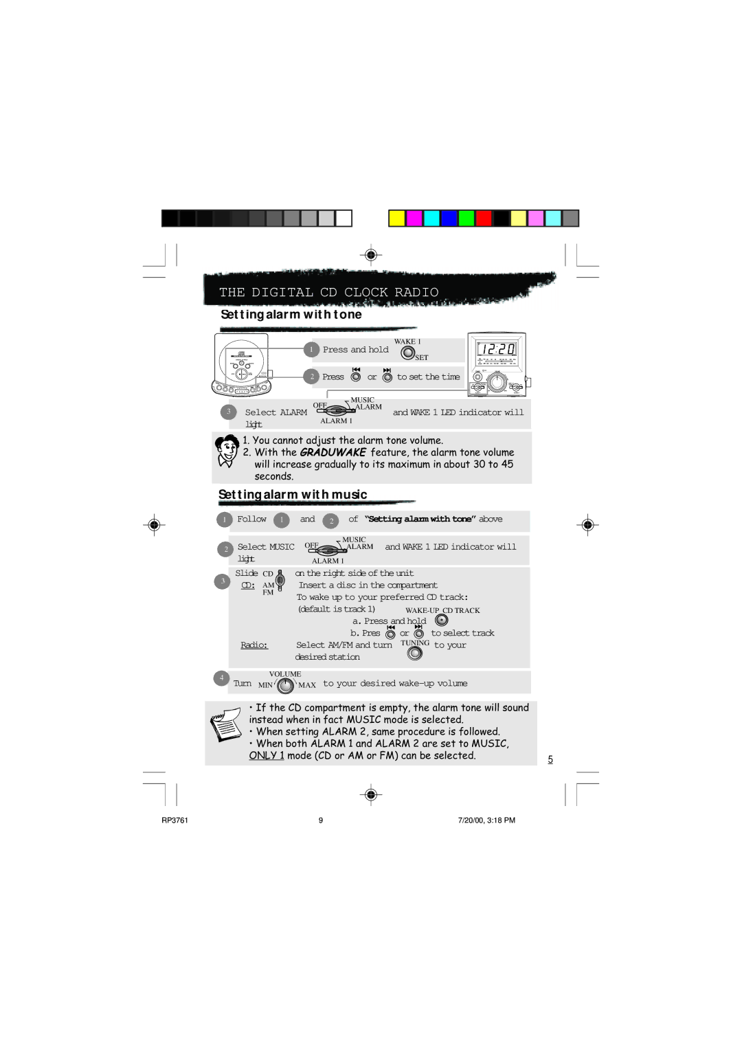 RCA RP-3761 manual Setting alarm with tone, Setting alarm with music 
