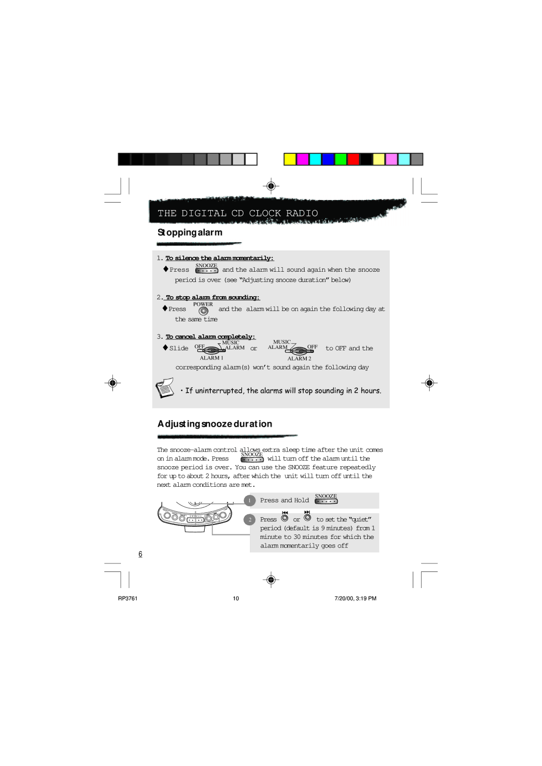 RCA RP-3761 manual Stoppingalarm, Adjustingsnoozeduration, Same time, Slide OFF 