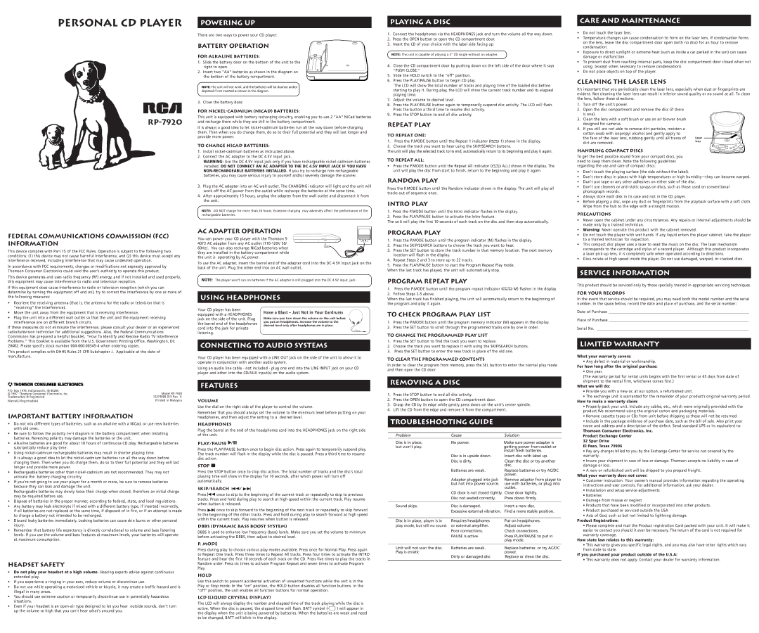 RCA RP-7920 warranty Powering UP, Using Headphones, Connecting to Audio Systems, Features, Playing a Disc, Removing a Disc 