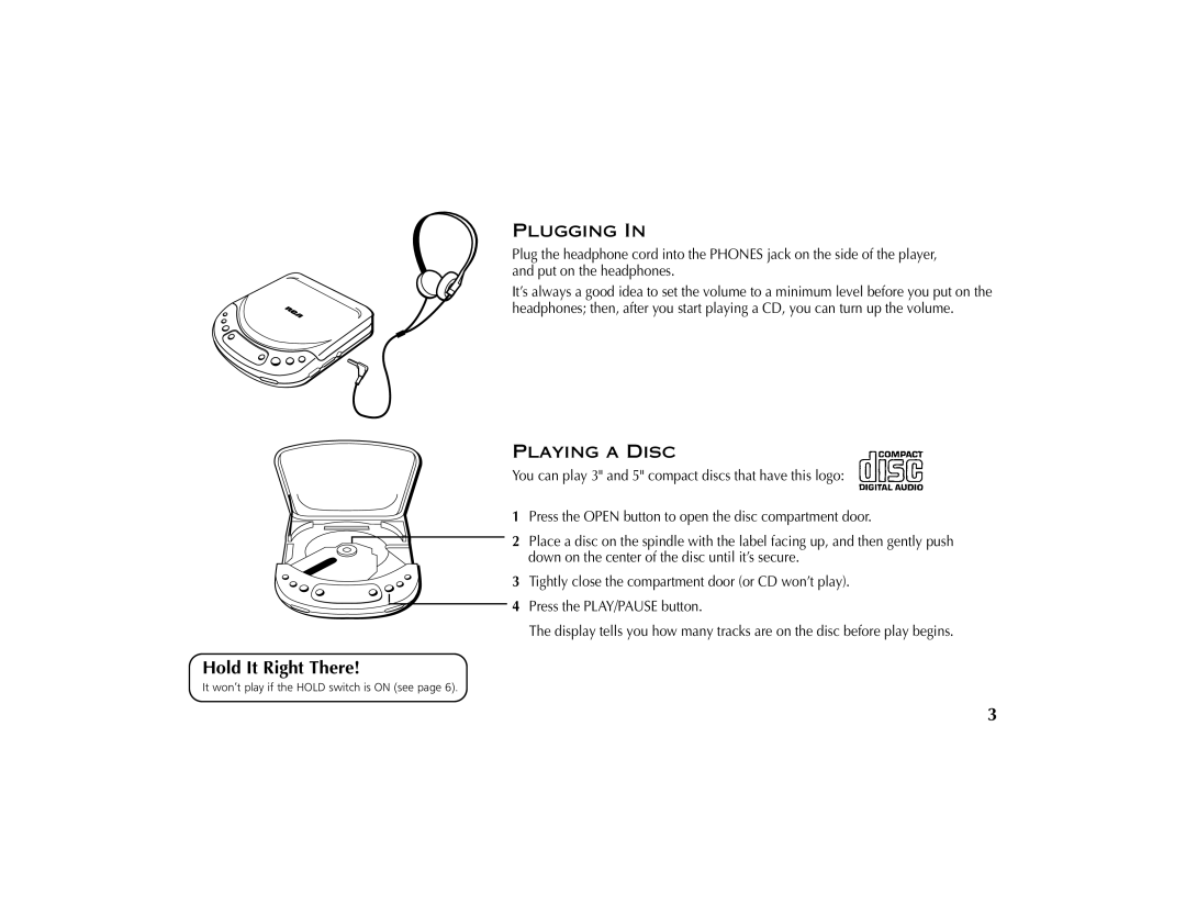 RCA RP-7924 manual Hold It Right There, Plugging, Playing a Disc 