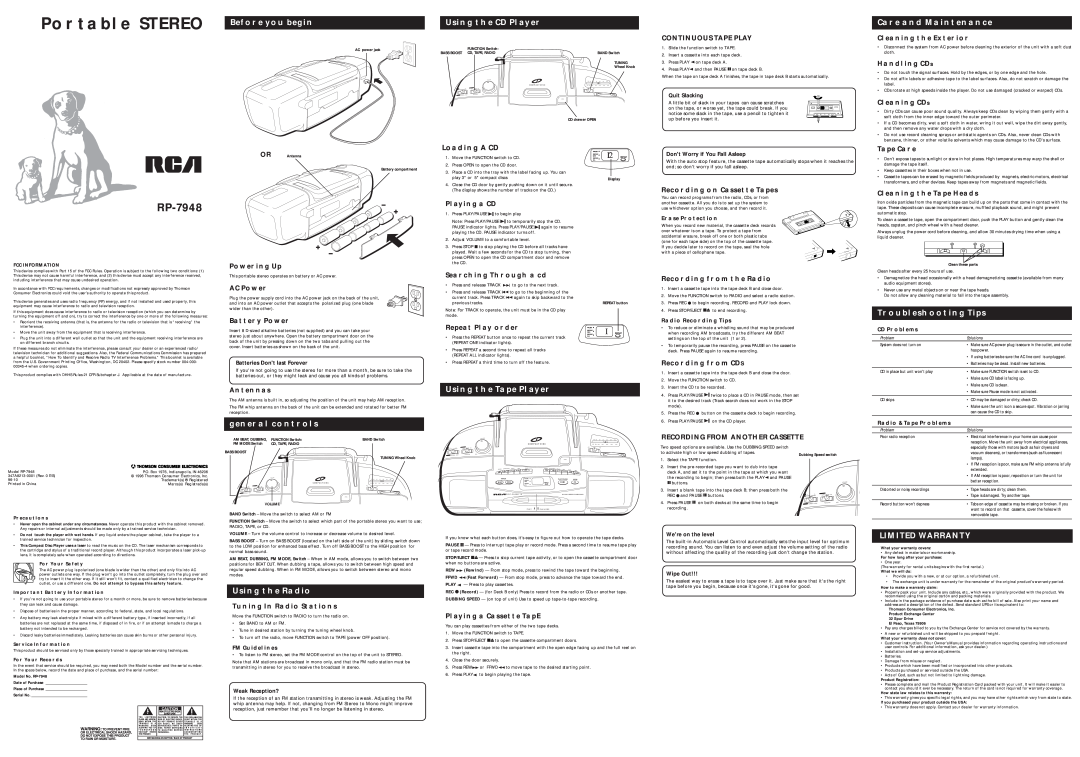 RCA RP-7948 warranty Portable Stereo, Before You Begin, Using The Cd Player, Care And Maintenance, Troubleshooting Tips 